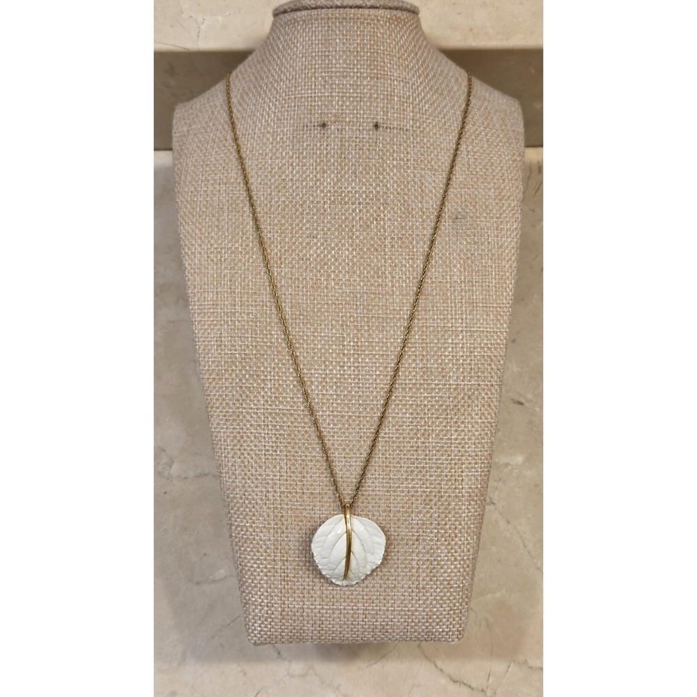 Vintage Crown Trifari‎ White Enamel Leaf Pendant 24" Gold Tone Chain
